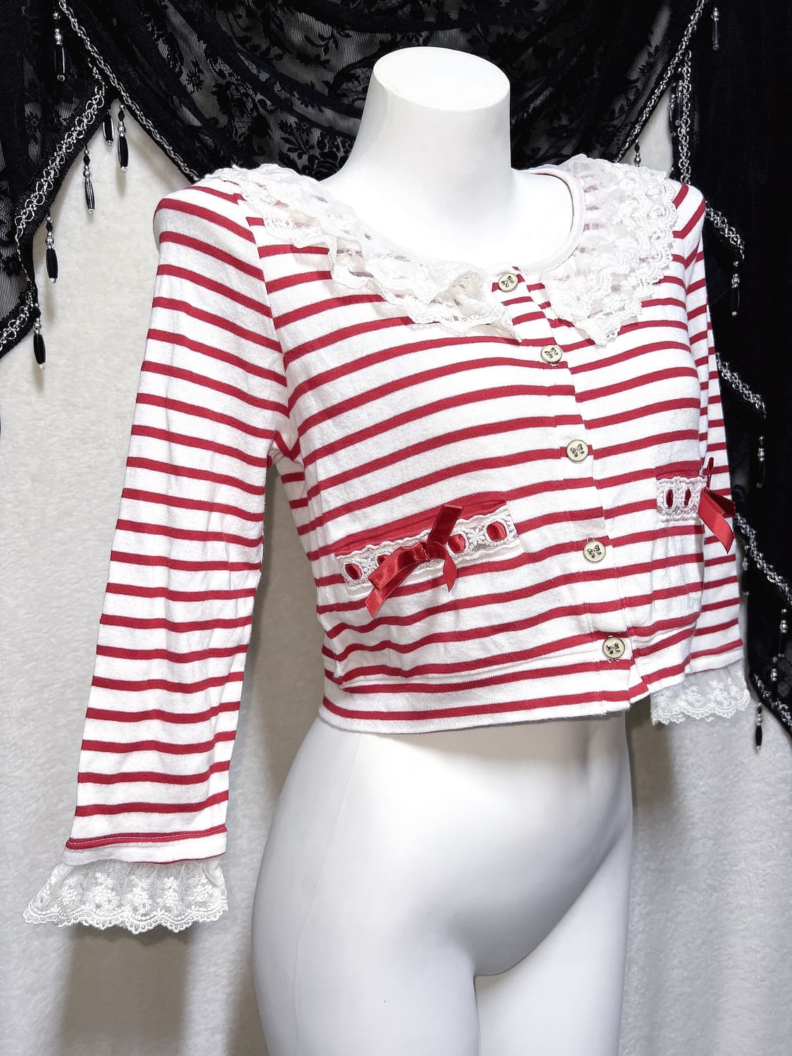 리즈리사 스트라이프 리본 프릴 레이스 가디건 러블리 히메갸루 라떼 핀터  상품이미지2