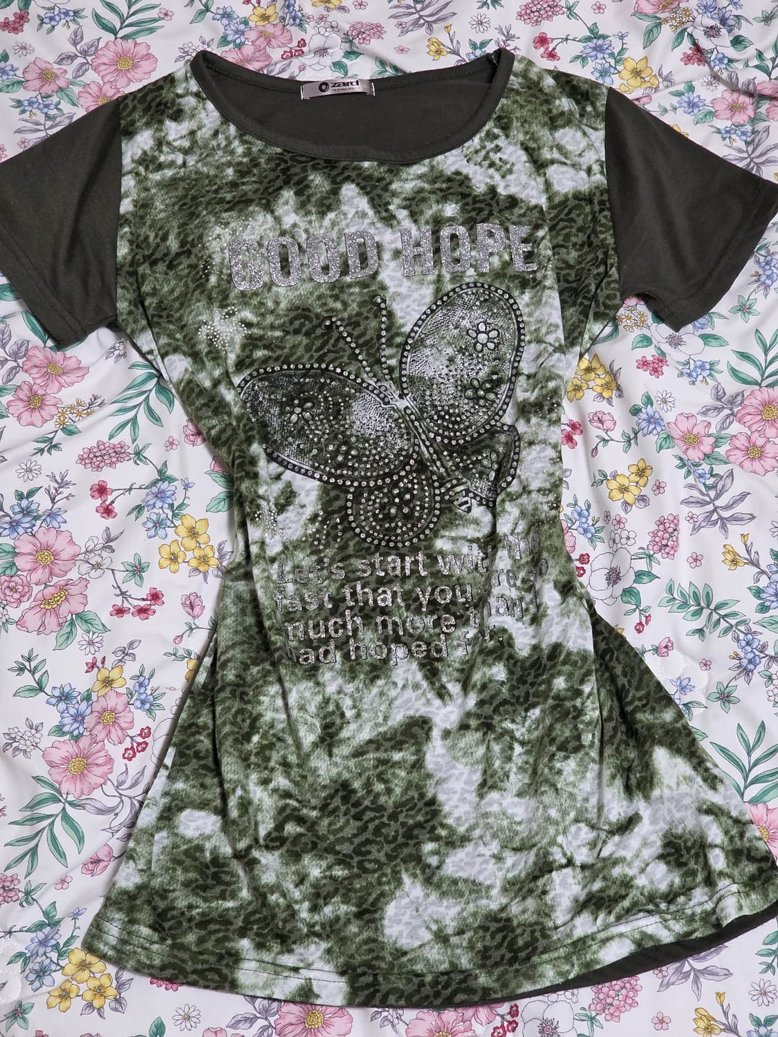 빈티지)y2k고스 카키 레오파드 오네갸루 버터플라이 큐빅 호피반팔티셔츠 상품이미지1