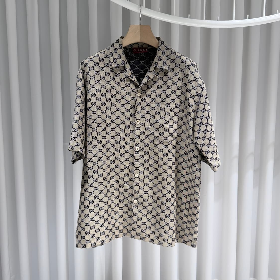 (S/48) / 구찌 GG 모노그램 카라 반팔 셔츠 베이지 상품이미지1
