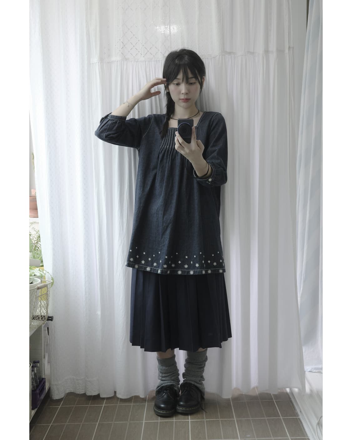 Denim flower point dress 상품이미지5