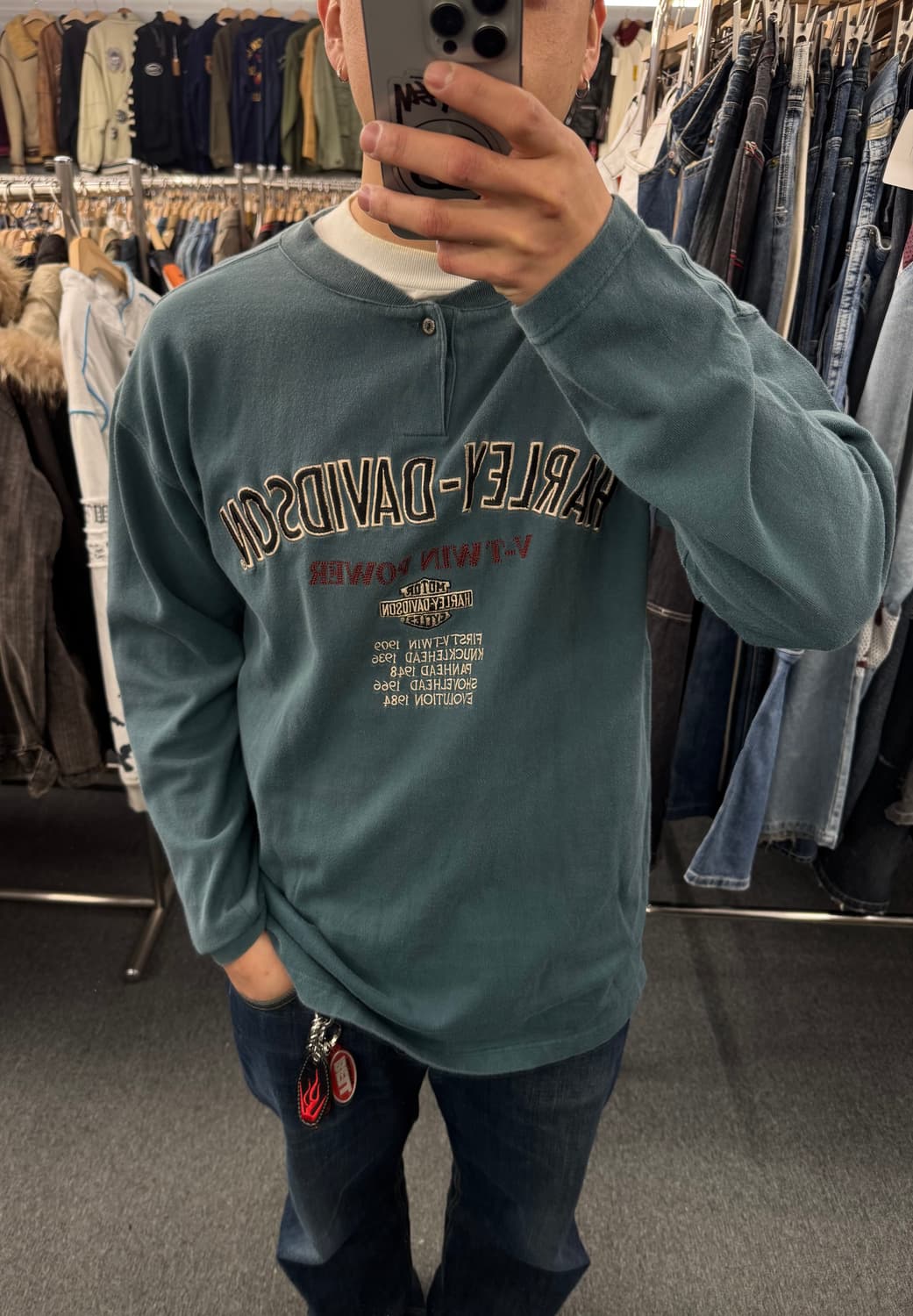 L)할리데이비슨 빈티지 V-TWIN POWER 자수 헨리넥 롱슬리브 상품이미지1