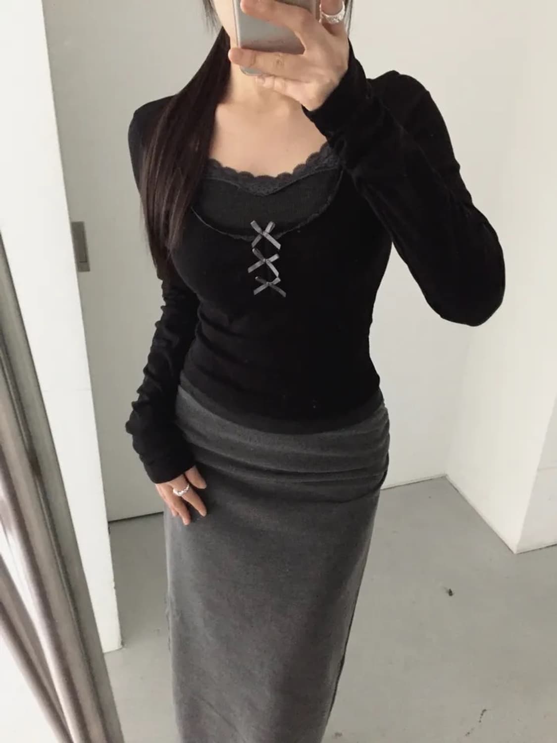 새거)레이스 리본 셔링 긴팔 티셔츠 미스치프 쓰리타임즈 코이세이오 미소녀 상품이미지3