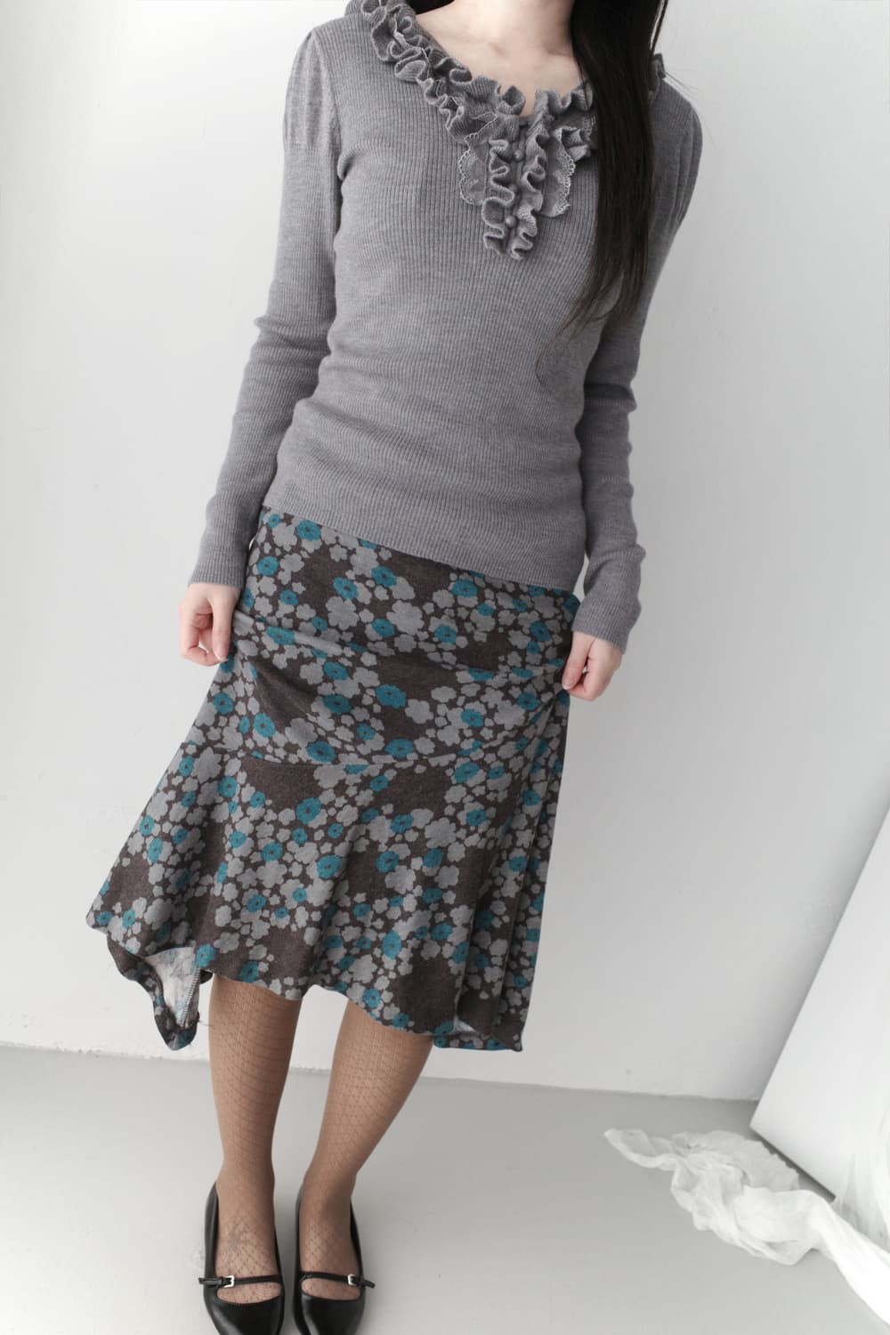 flower wool unbalanced skirt  상품이미지3