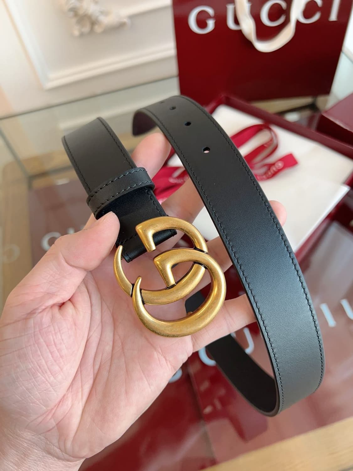 구찌 GG 마몽 더블 G 버클 레더 벨트 블랙 브래스 상품이미지4