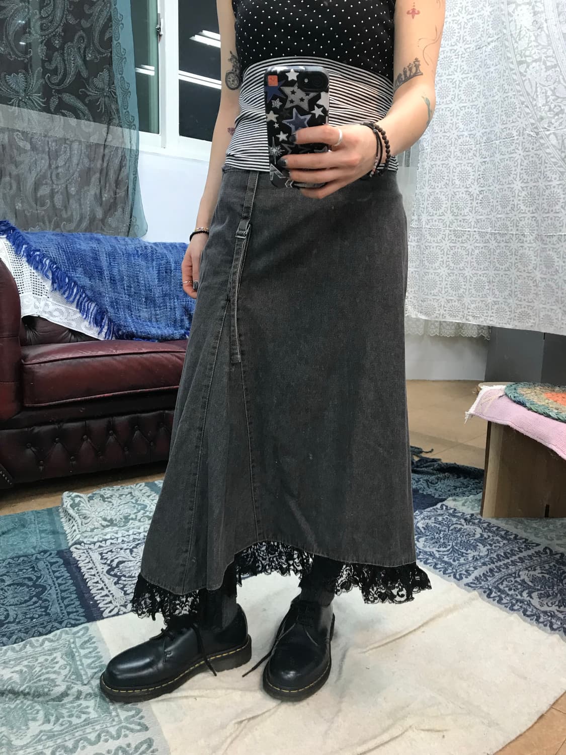 여성 레이스 디테일 흑청 데님스커트 상품이미지1