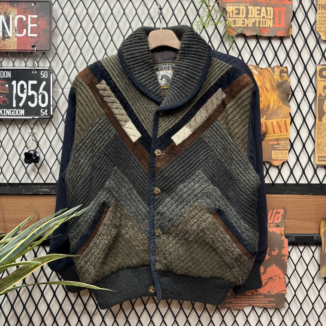 JPN VINTAGE 가디건 자켓 셔닐 패치워크 배색 네이비 상품이미지1