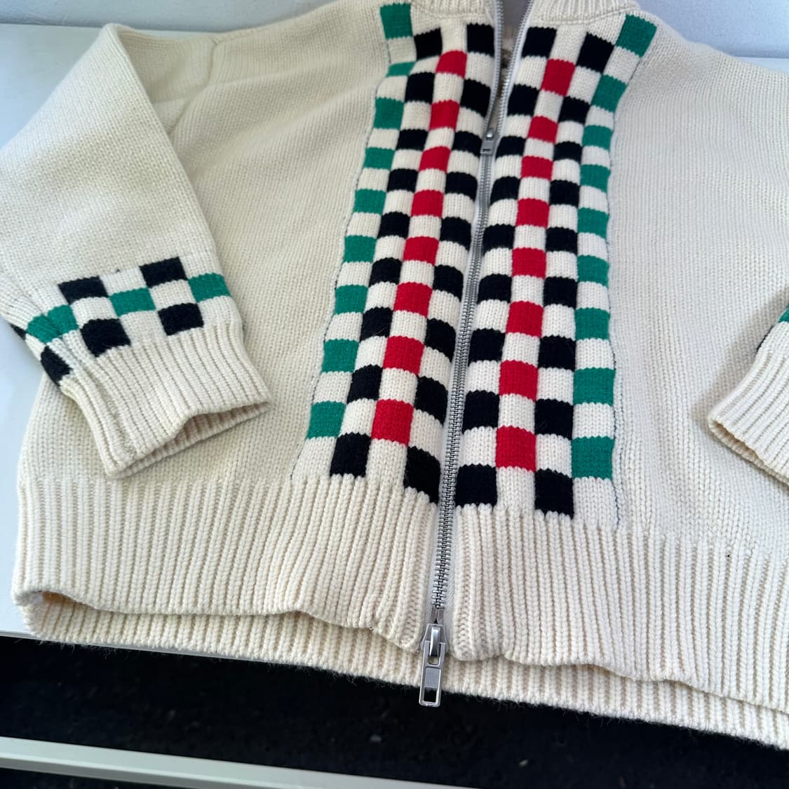 L BALLOW 아이보리 체크 투웨이 니트집업 상품이미지4