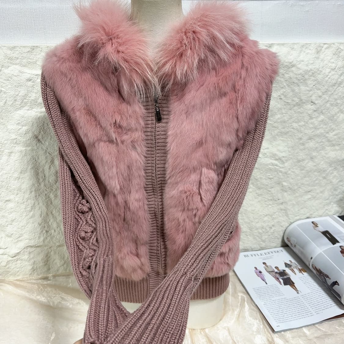 빈티지 연한 핑크 폭스퍼 후드 토끼털 니트자켓  후드집업 상품이미지4