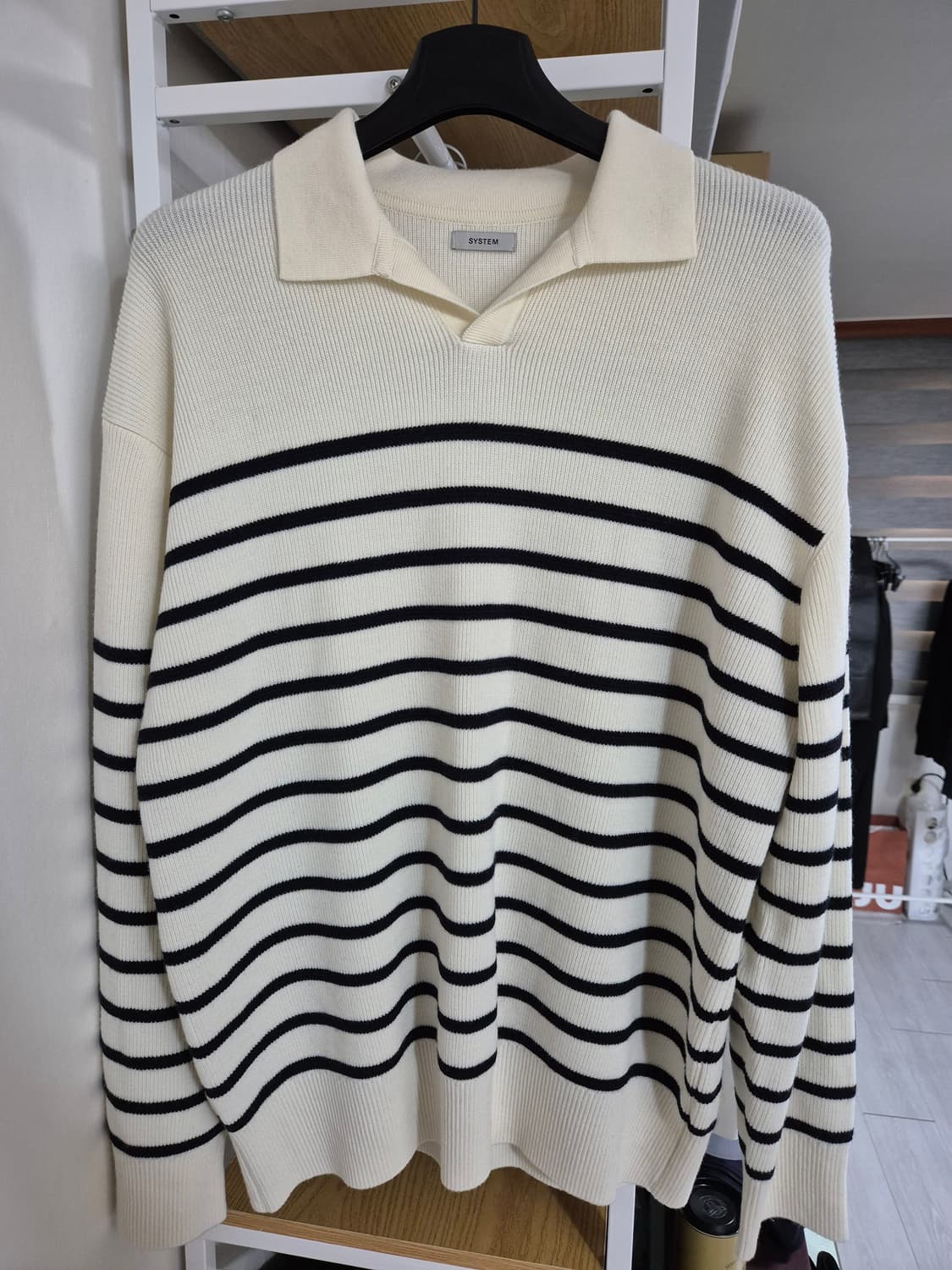 시스템옴므 오픈카라 울 스트라이프 니트 105 아이보리 상품이미지1