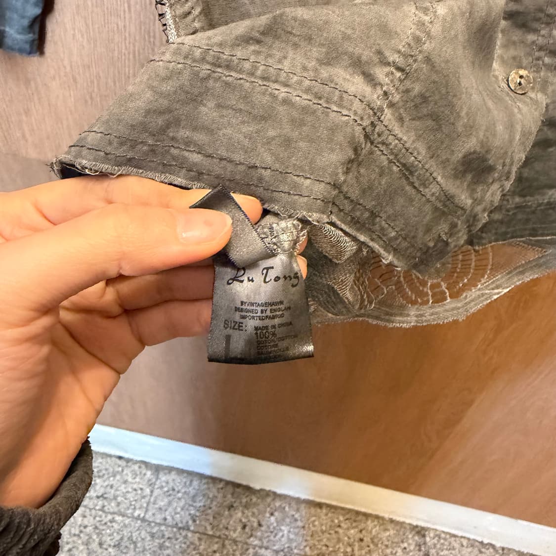 빈티지 코튼 7부 셔츠 믹스 패브릭 백 시스루 레이스 디테일 그레이 상품이미지5