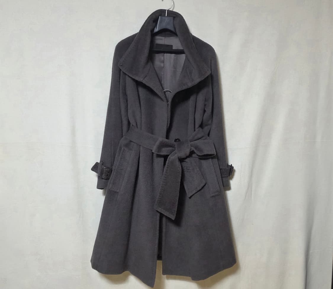 [미샤/정품] 앙고라 & 라마 혼방 하이넥 벨티드 코트 (차콜그레이) 상품이미지5