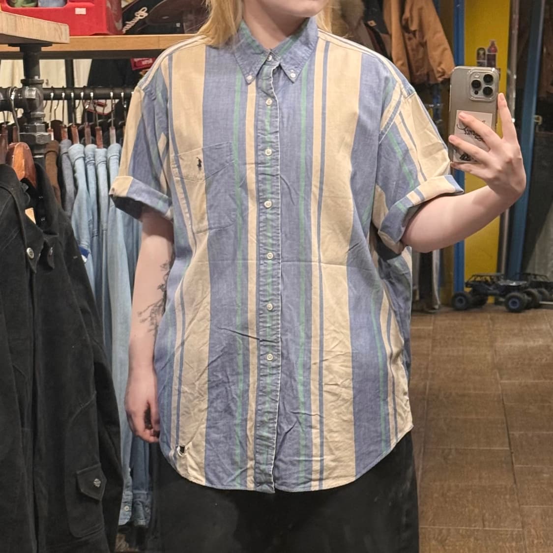 [HI] 폴로 랄프로렌 반팔셔츠 스트라이프 블루그린  상품이미지1