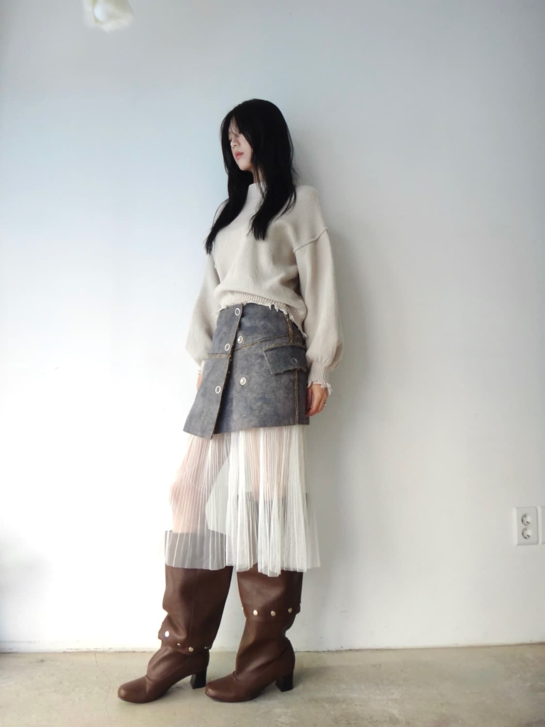 Utility layered warm skirt / grey 상품이미지5