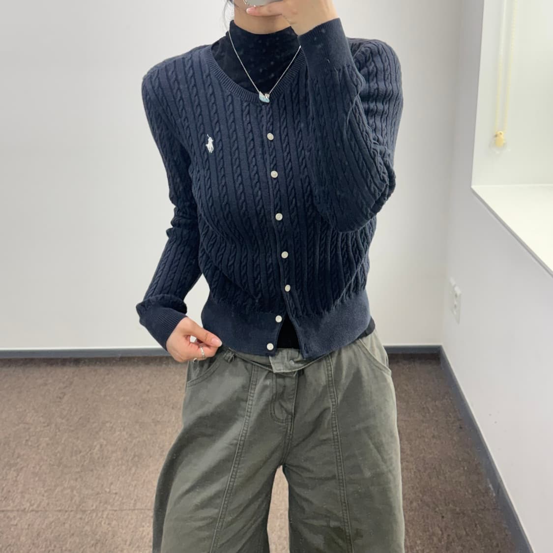Polo 폴로 화이트 포니 다크 네이비 케이블 니트 가디건 상품이미지1
