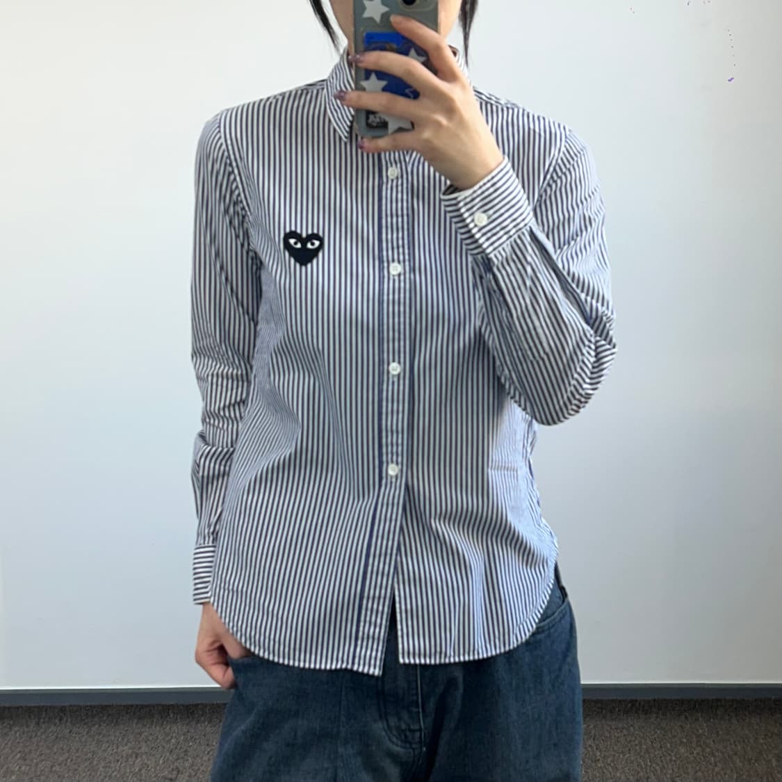 꼼데가르송 블랙 로고 블루 스트라이프 셔츠 상품이미지1