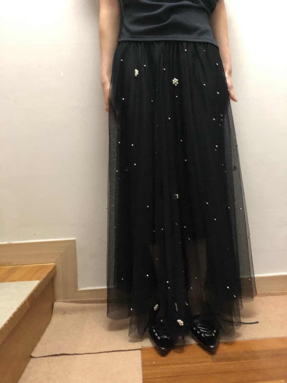 빈티지 블랙 레이스 펄 롱 스커트 상품이미지5