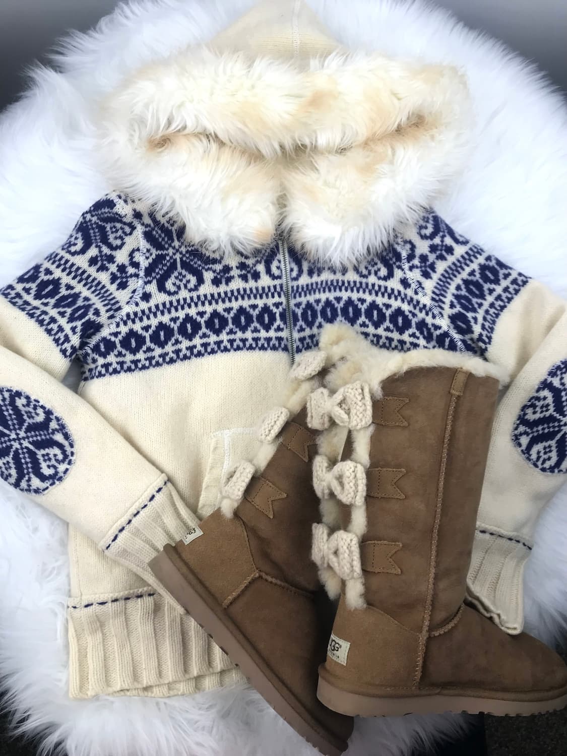 폴로진스 미사깔 노르딕 눈꽃패턴 울니트 퍼후드집업 로맨틱시로히메갸루 상품이미지1