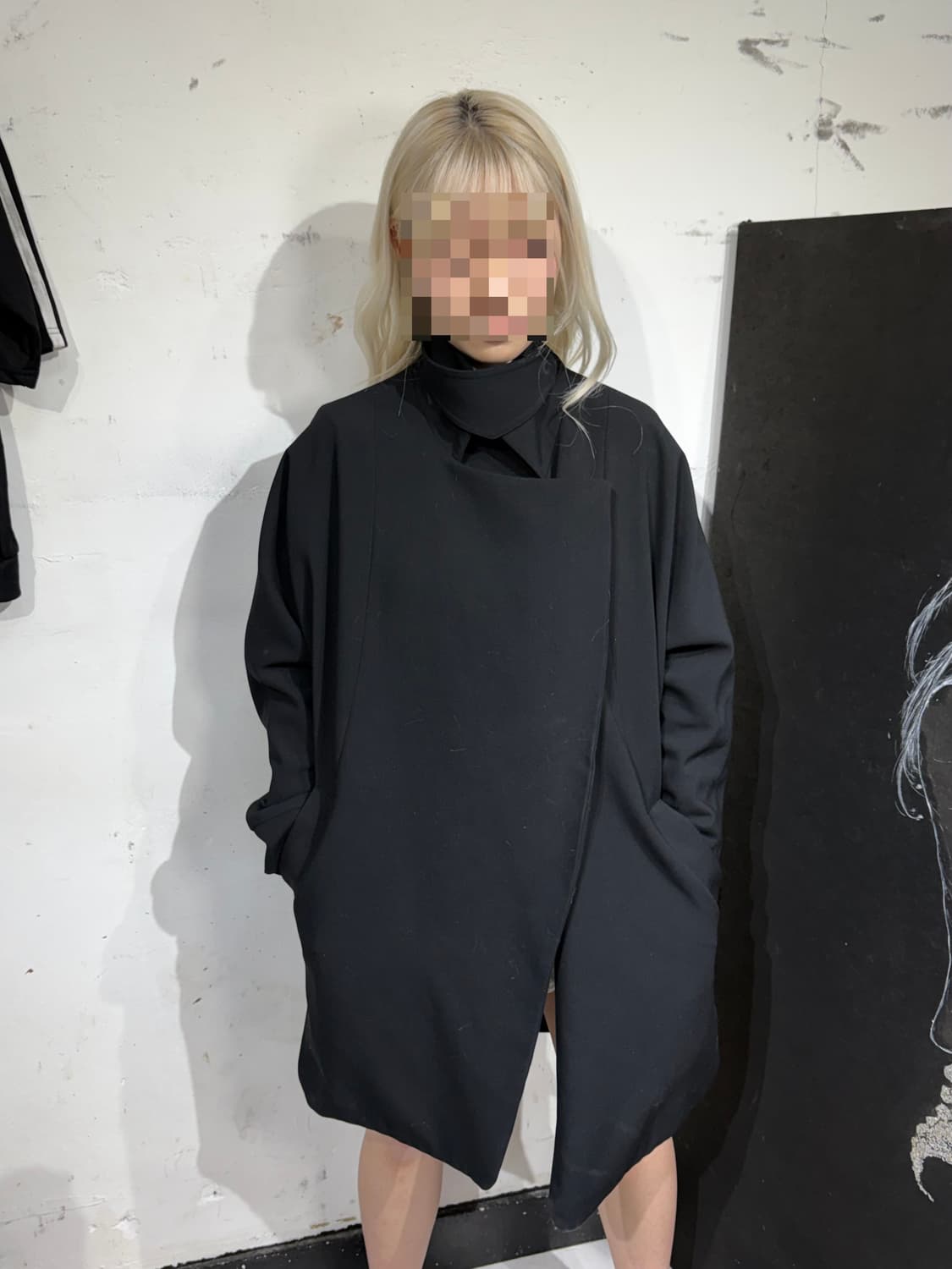 빈티지 비대칭 드레이핑 하이넥 블랙 아방가르드 코트  상품이미지1