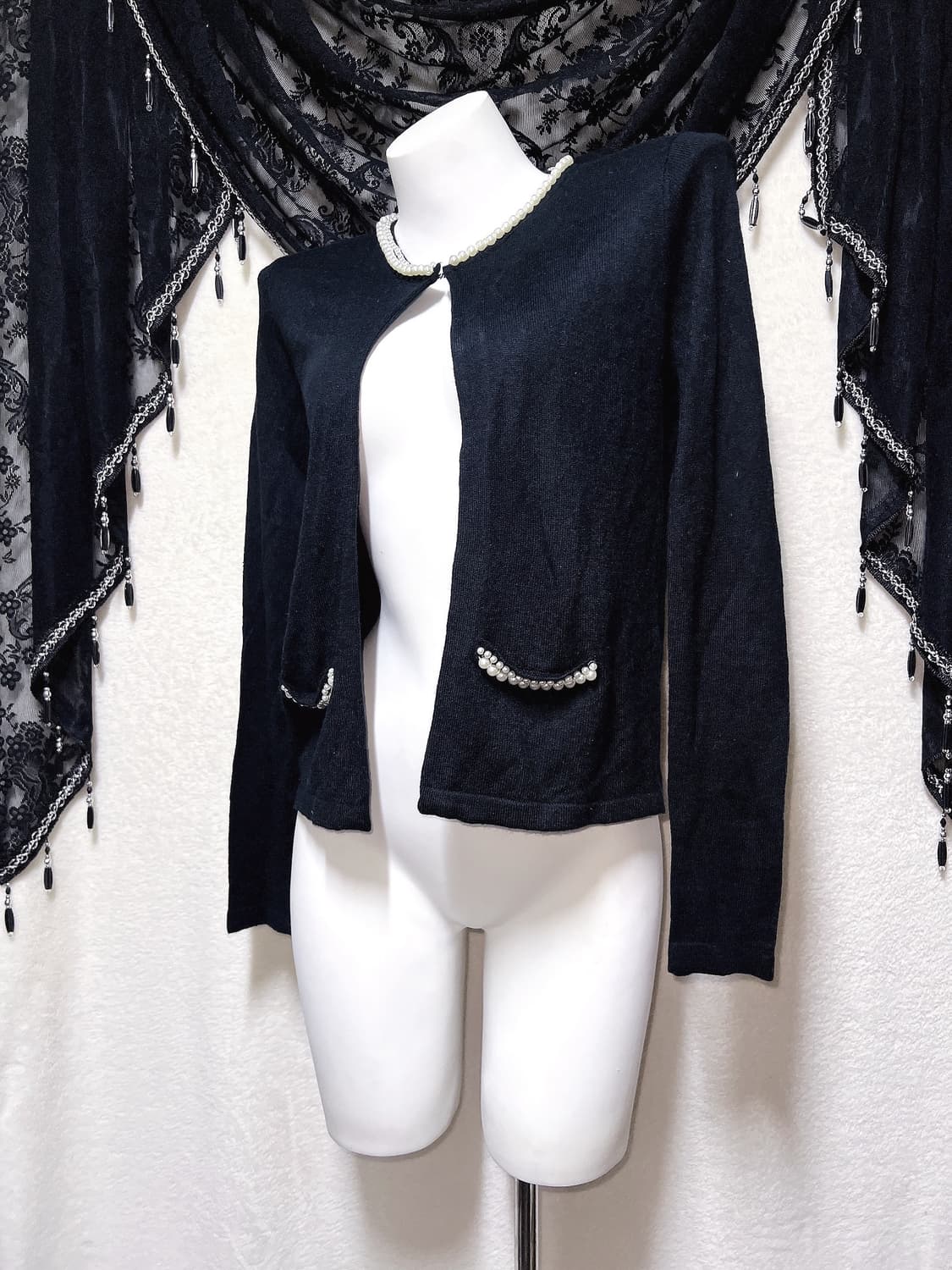 로걀탑 로맨틱갸루 진주 볼레로 블랙 니트가디건 페미닌 러블리 핀터 상품이미지4