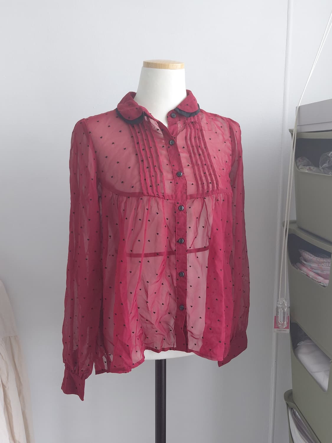 [일본빈티지] 하트 도트 시스루 블라우스 와인 상품이미지1