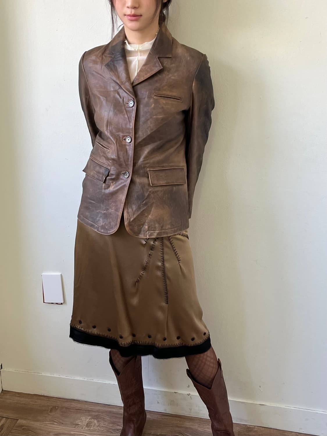 90‘s COCO PALMS 브라운 워싱 레더 자켓 상품이미지4