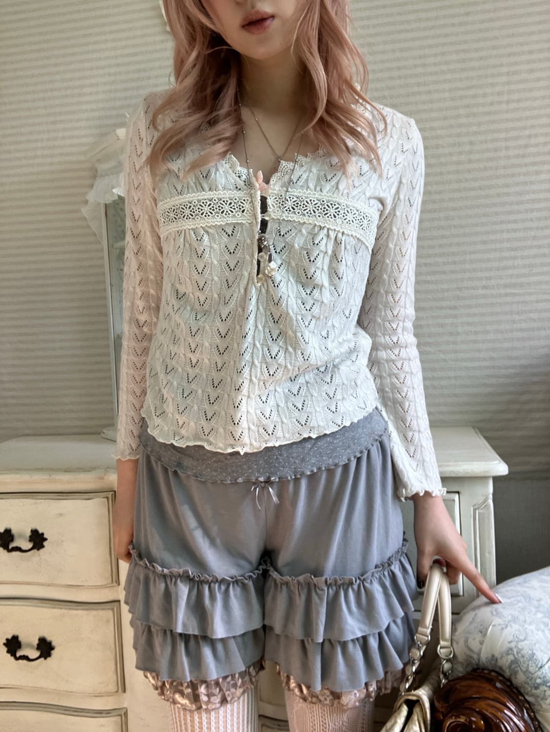 일본빈티지 크로셰 아이보리 레이스 니트 가디건 상품이미지1