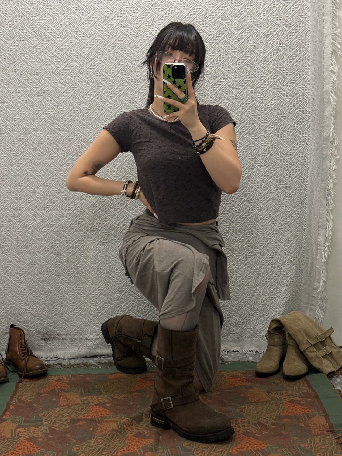 빈티지 보헤미안 모리 코지 펀칭 잔꽃 크롭 반팔티 K0080 상품이미지1