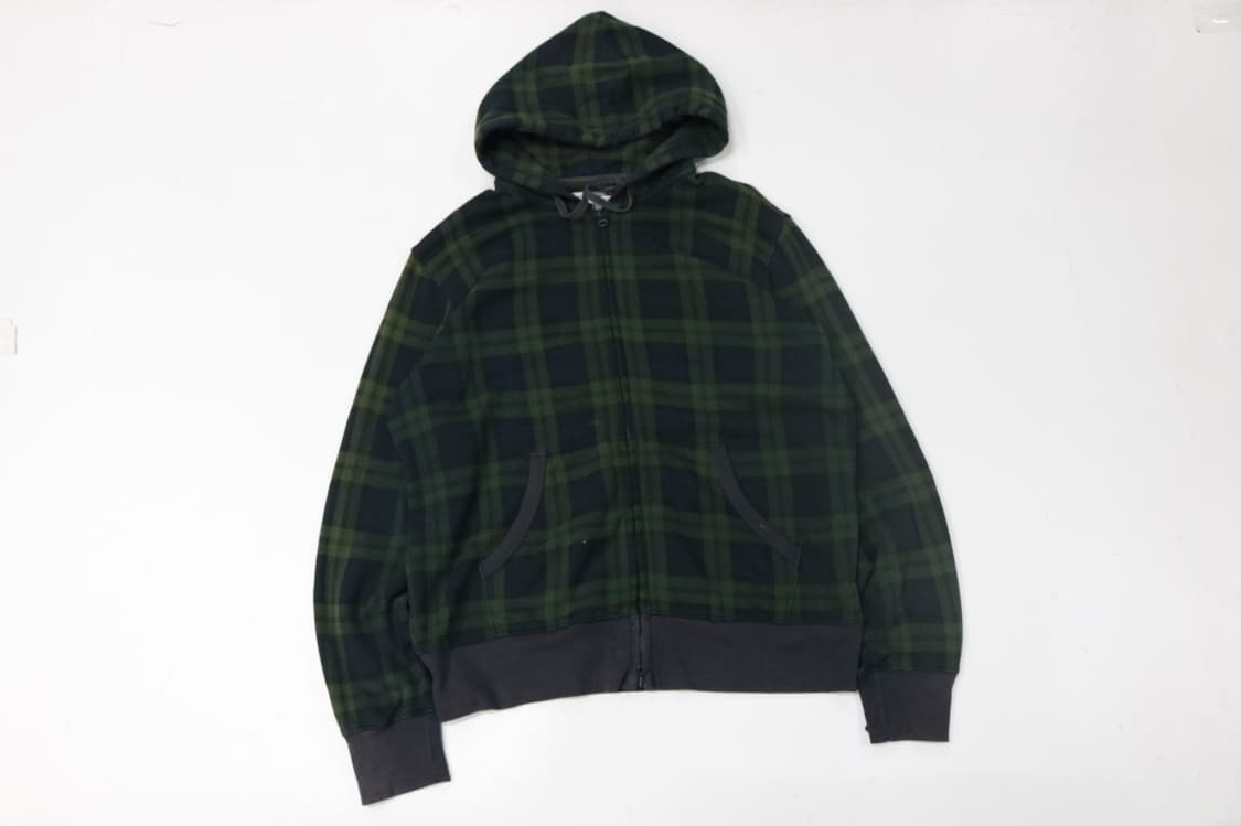 AUTHENTIC 워시드 그린 블랙 타탄 체크 기모 후드 집업 (XL) 상품이미지2