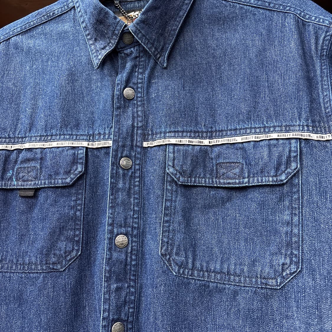 00s 할리데이비슨 내츄럴 워싱 데님 워크셔츠 로고스냅 N1252 상품이미지5