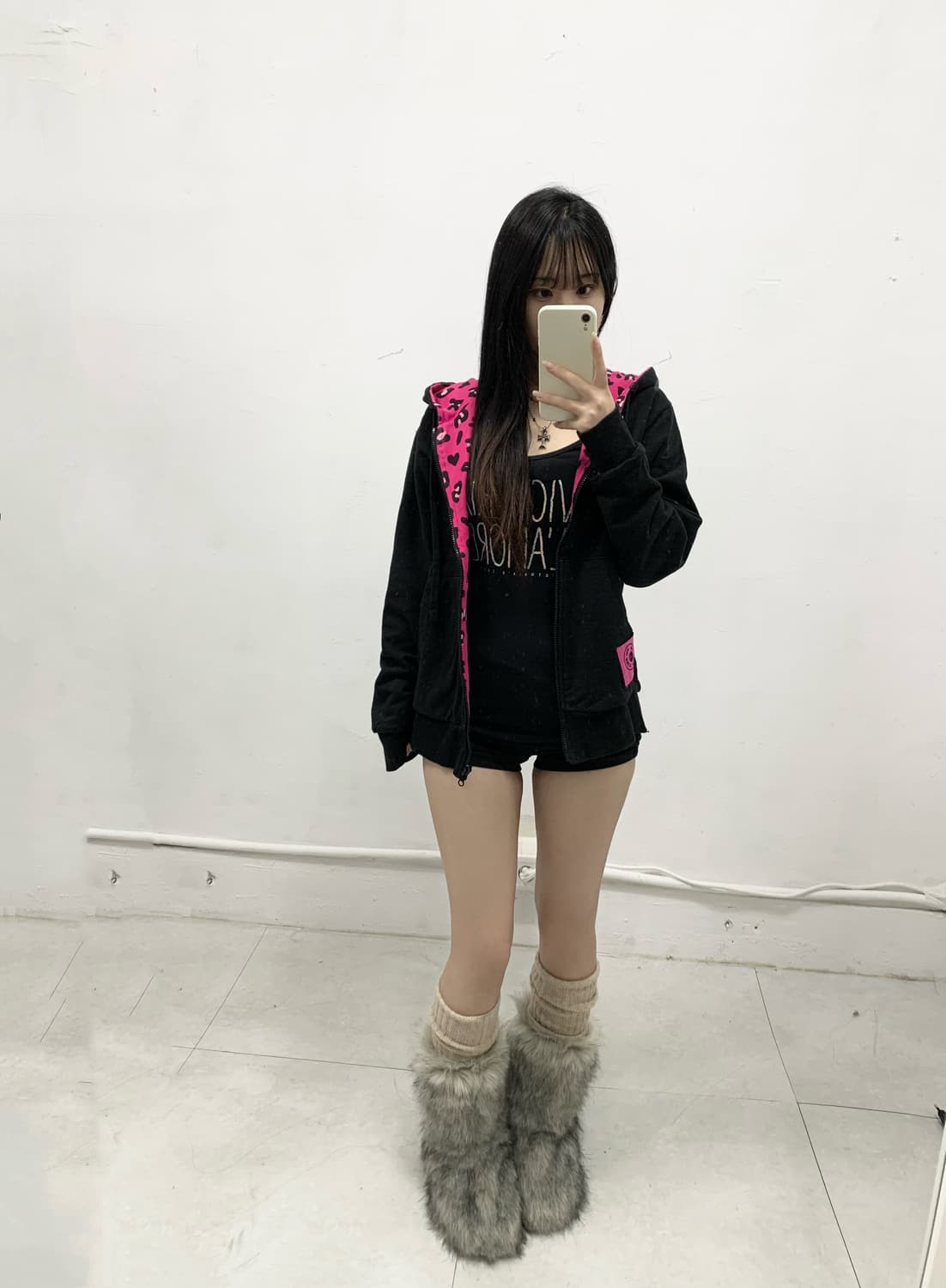 갸루 핑크 레오파드 리버시블 후드집업 상품이미지4