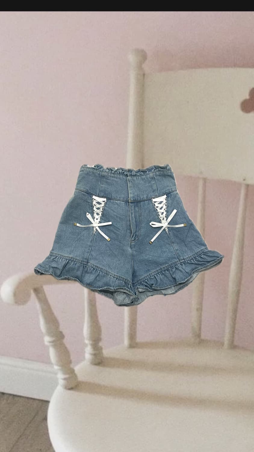 리즈리사 히메갸루히메카지 레이스 아일릿 프릴 데님반바지숏스숏츠숏팬츠빈티지 상품이미지1