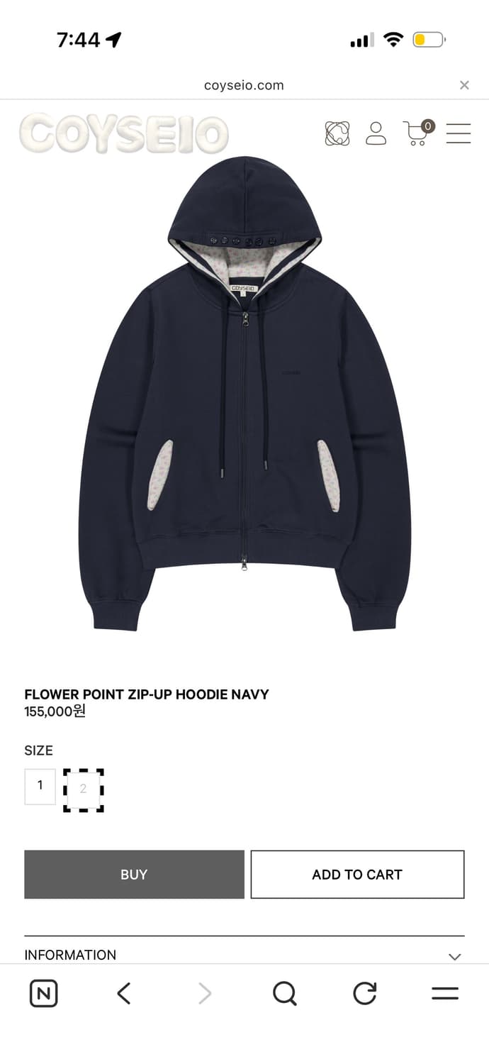 코이세이오 플라워 포인트 후드집업 네이비 2사이즈 상품이미지1