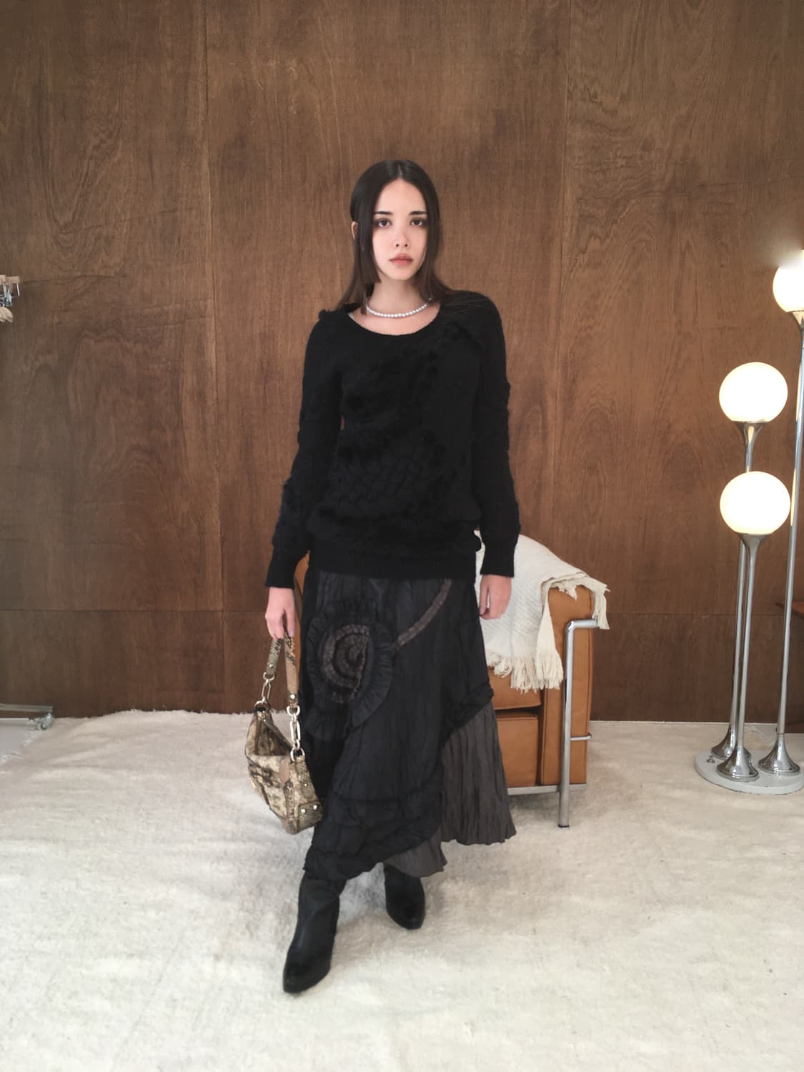 Obzee black rabbit fur trimming wool ops 상품이미지4