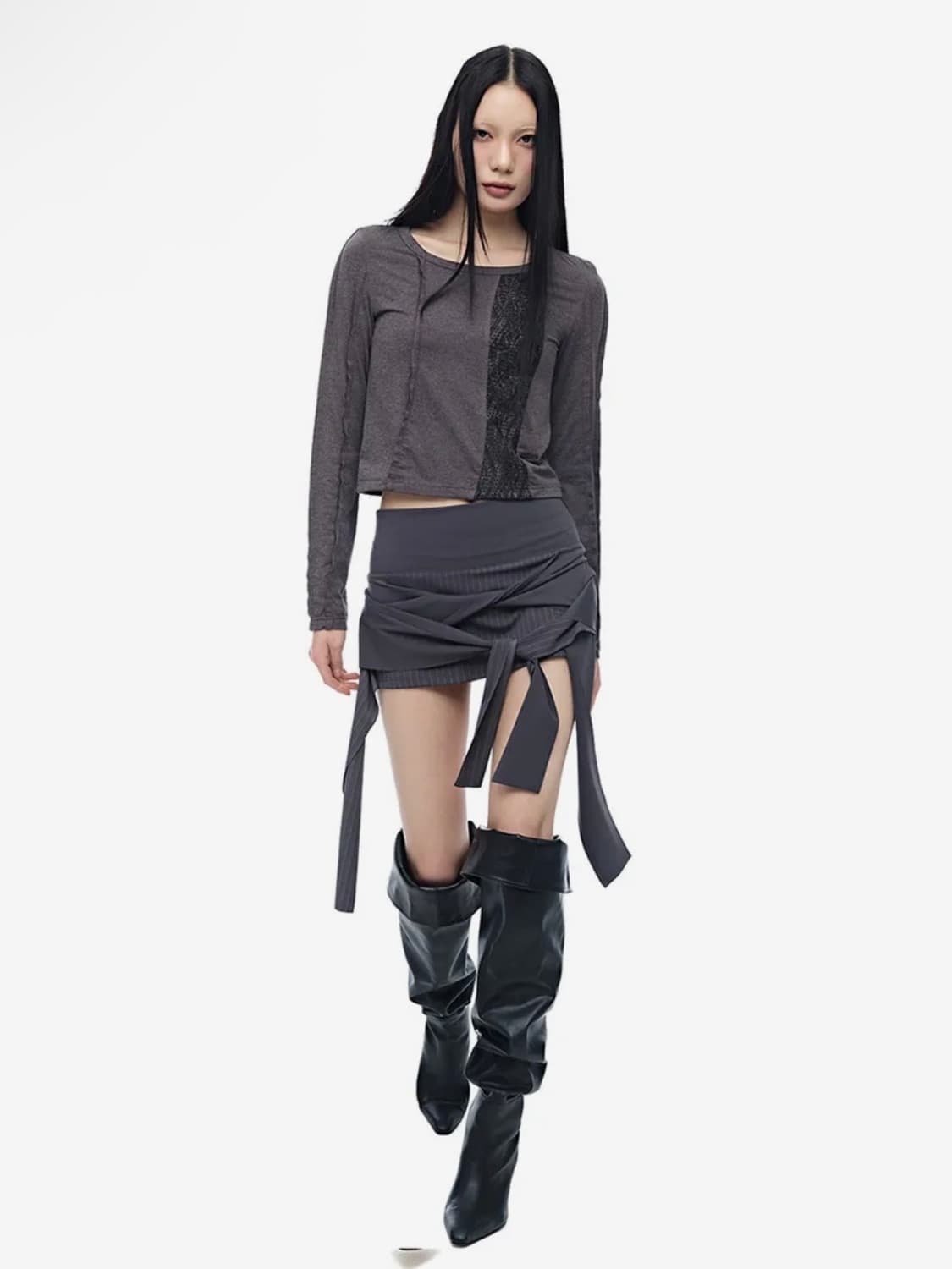 하프데빌어스 스트라이프 트위스트 랩 스커트_챠콜 상품이미지1