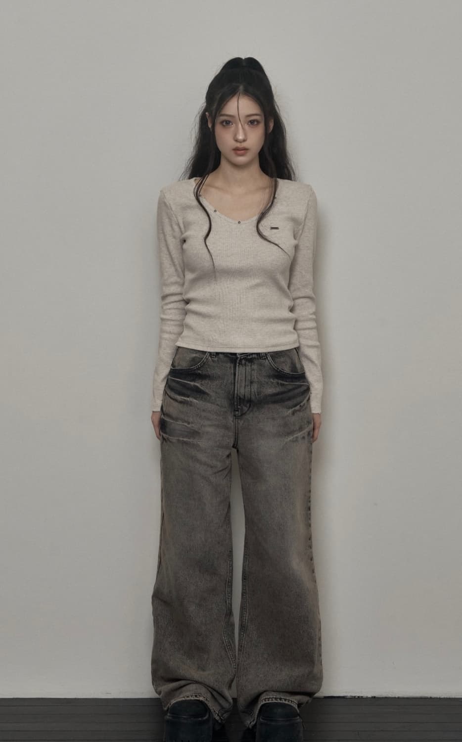 택o새상품) 카키포인트 워싱 와이드 데님 팬츠 그레이 s 상품이미지1