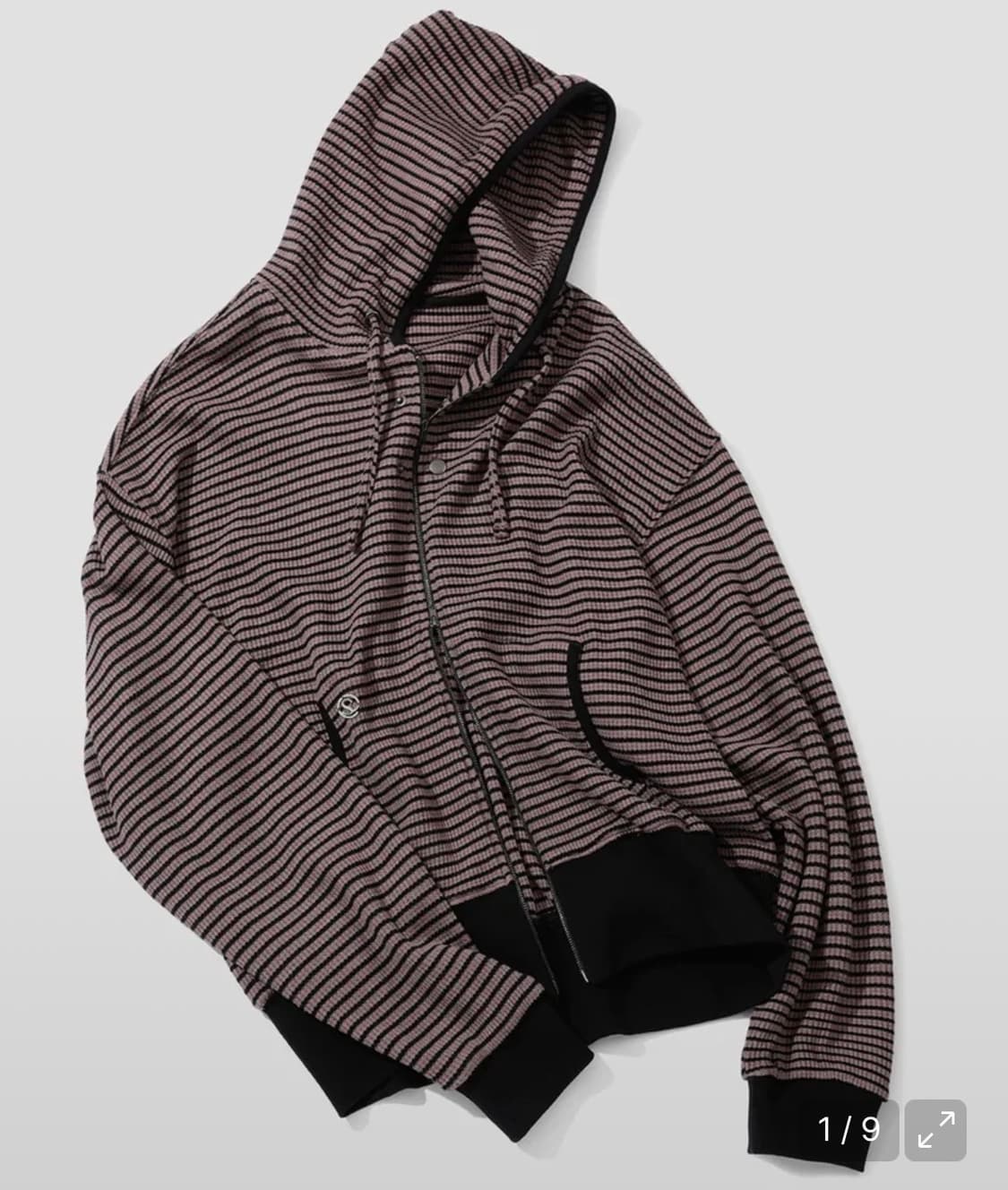 세컨모놀로그 스트라이프 와플 니트 후드 집업 MOCHA 상품이미지1