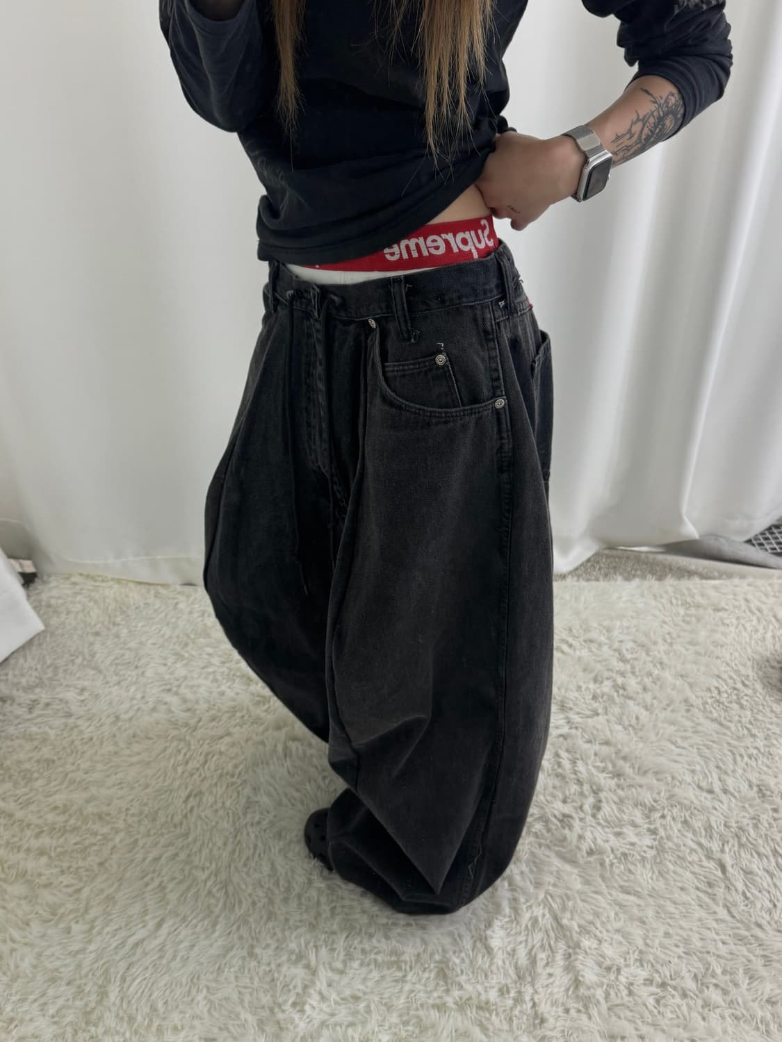 빅와이드 밴딩조거스트링 빈티지 흑청 팬츠 상품이미지3
