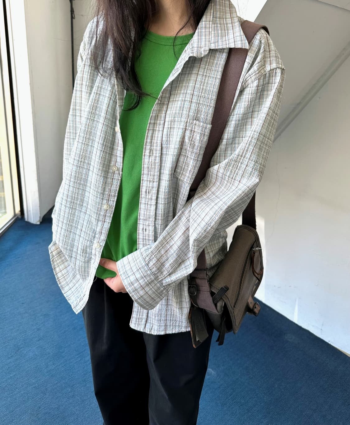 Light sucker fabric natural check shirt 상품이미지8