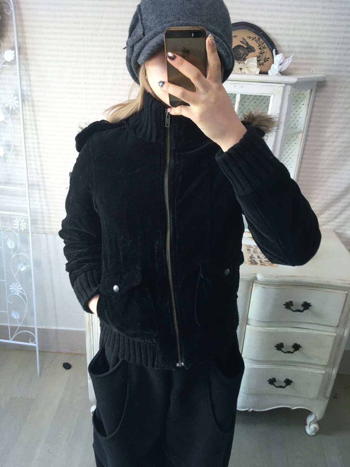 Y2K 블랙 벨루아 펑크 퍼 후드 블루종 상품이미지2