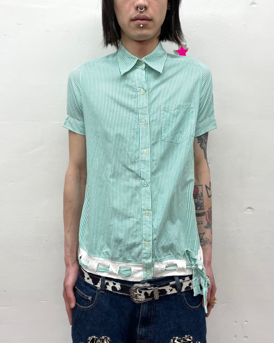 Green Stripe String Short Sleeve T-Shirt 상품이미지1