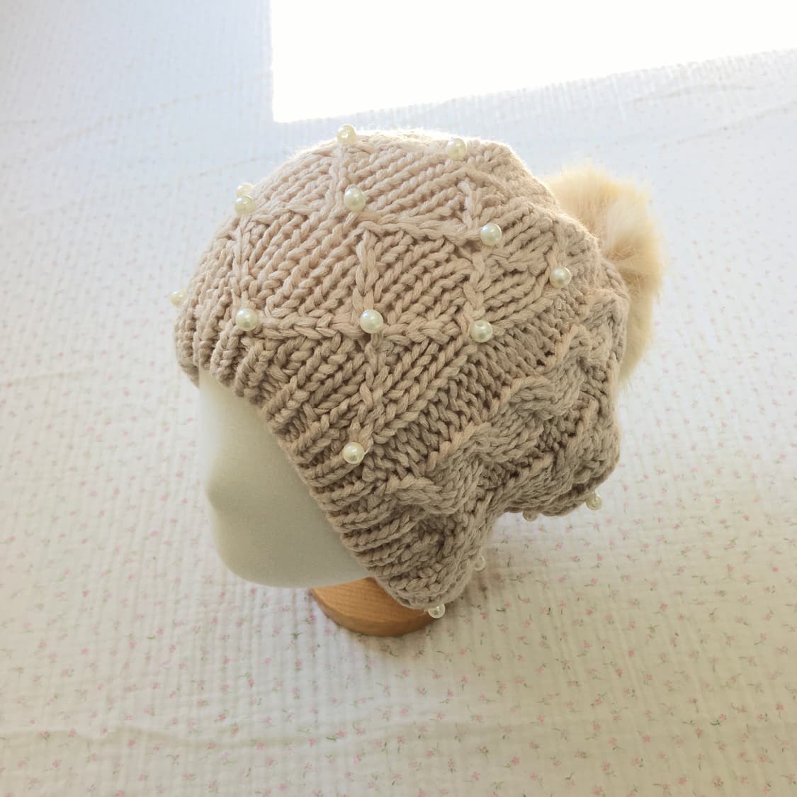 JPN/ 털방울 진주 니트 핸드메이드 비니 갸루비니 라떼갸루 상품이미지4