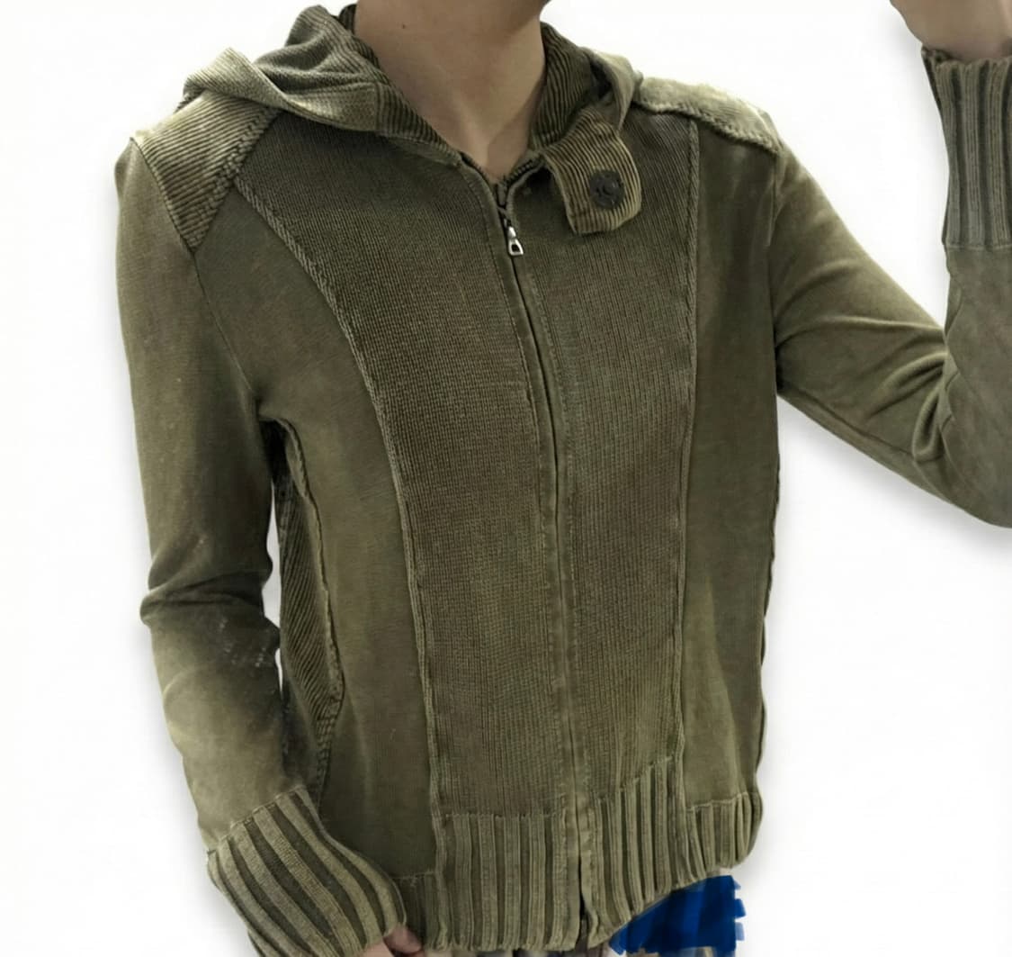 [~2.12](마지막가격) 워싱 하이넥 버튼 투웨이 올리브 카키 후드집업 상품이미지3