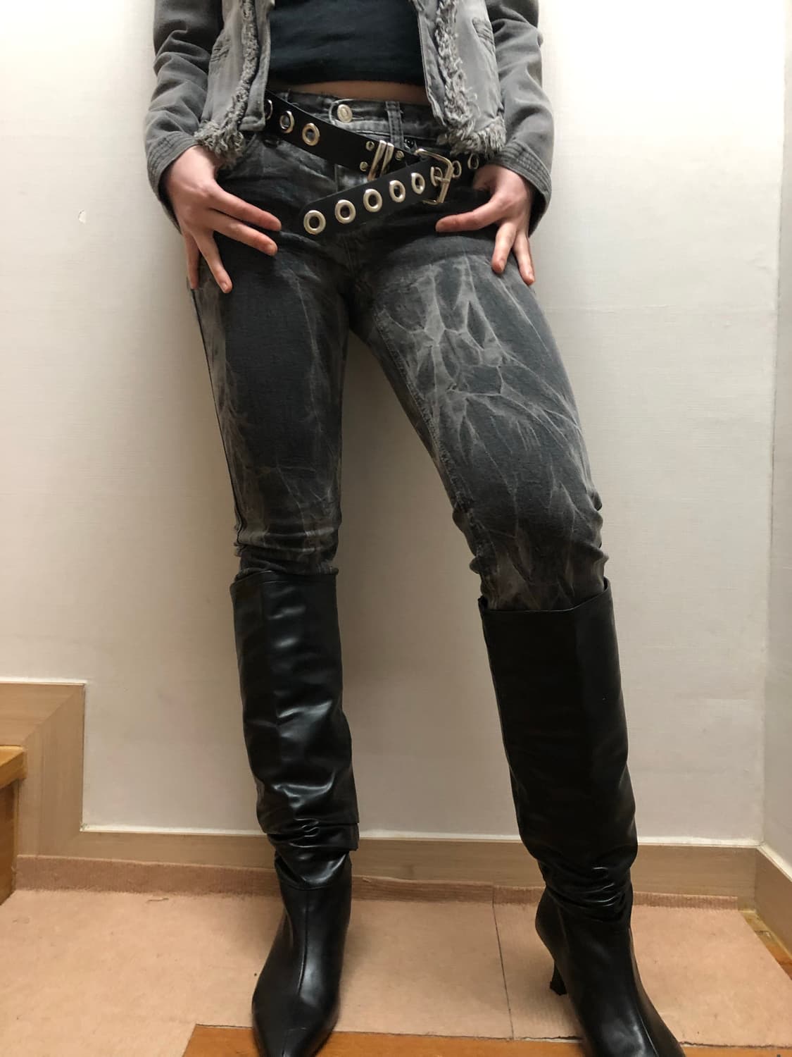 빈티지 블랙 펑크 데님 팬츠 상품이미지1