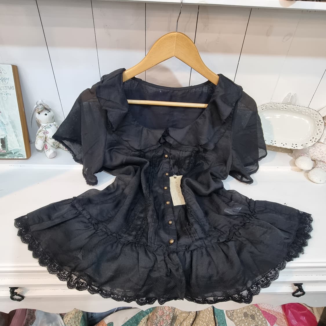 블랙 시스루 프릴 블라우스 상품이미지1