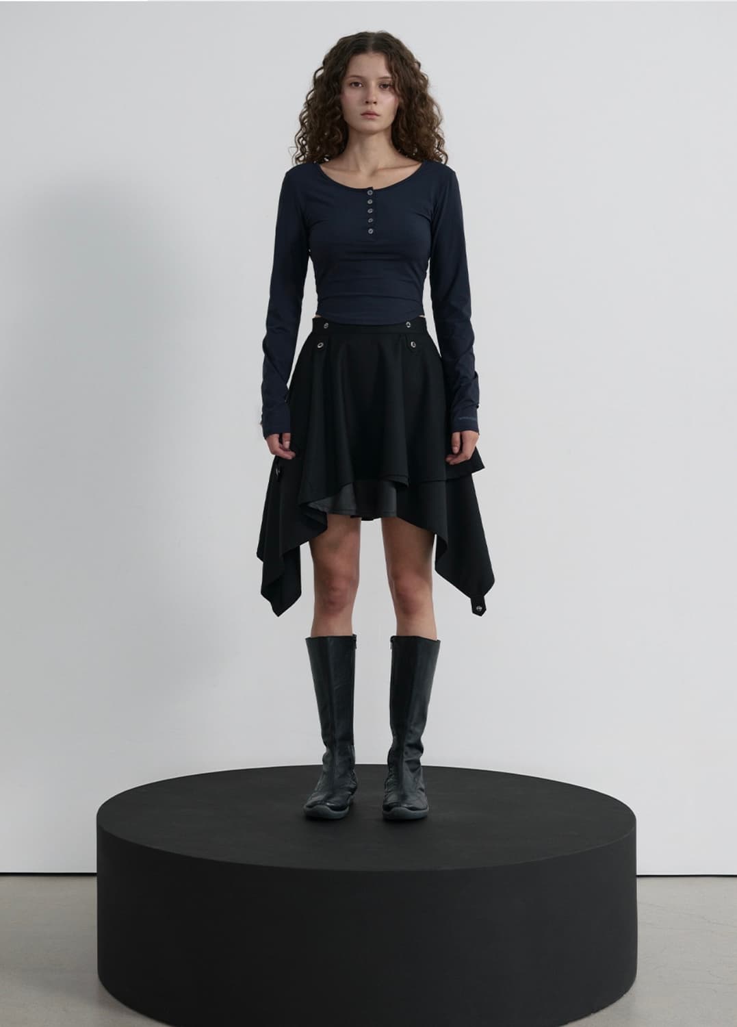 우알롱 어시메트릭 언발란스 레이어드 스커트 블랙 상품이미지3