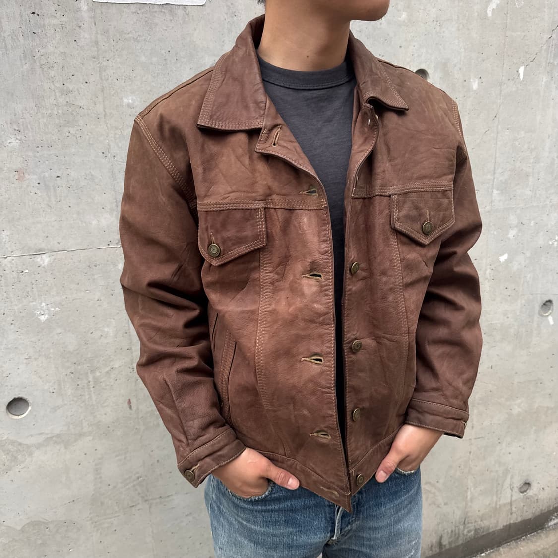 C.un Monde 프렌치 고트스킨 레더 트러커 자켓 상품이미지1