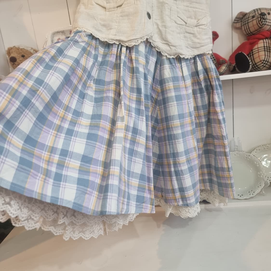 린넨 베스트 체크 스커트 세트 상품이미지3