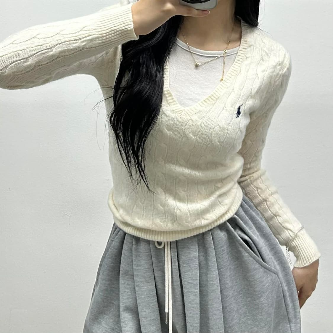 폴로 랄프로렌 핀터깔 아이보리 울 캐시미어 브이넥 걸즈 니트(M) 상품이미지2