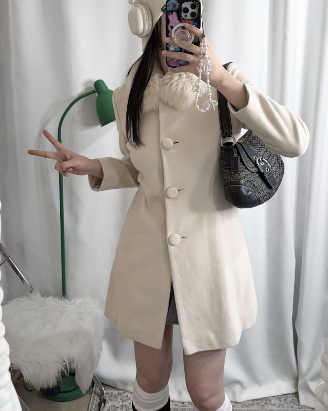 아이보리 앙고라 & 폭스퍼 롱 코트 상품이미지3