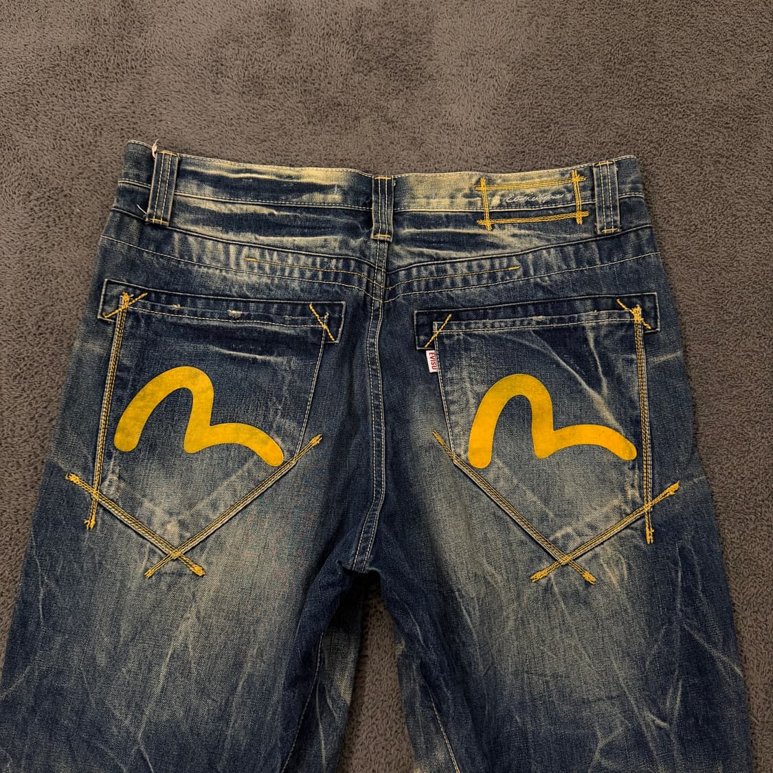 [정품/36] 에비수 진청 워싱 옐로우 빅로고 데미지 데님 청바지 상품이미지1